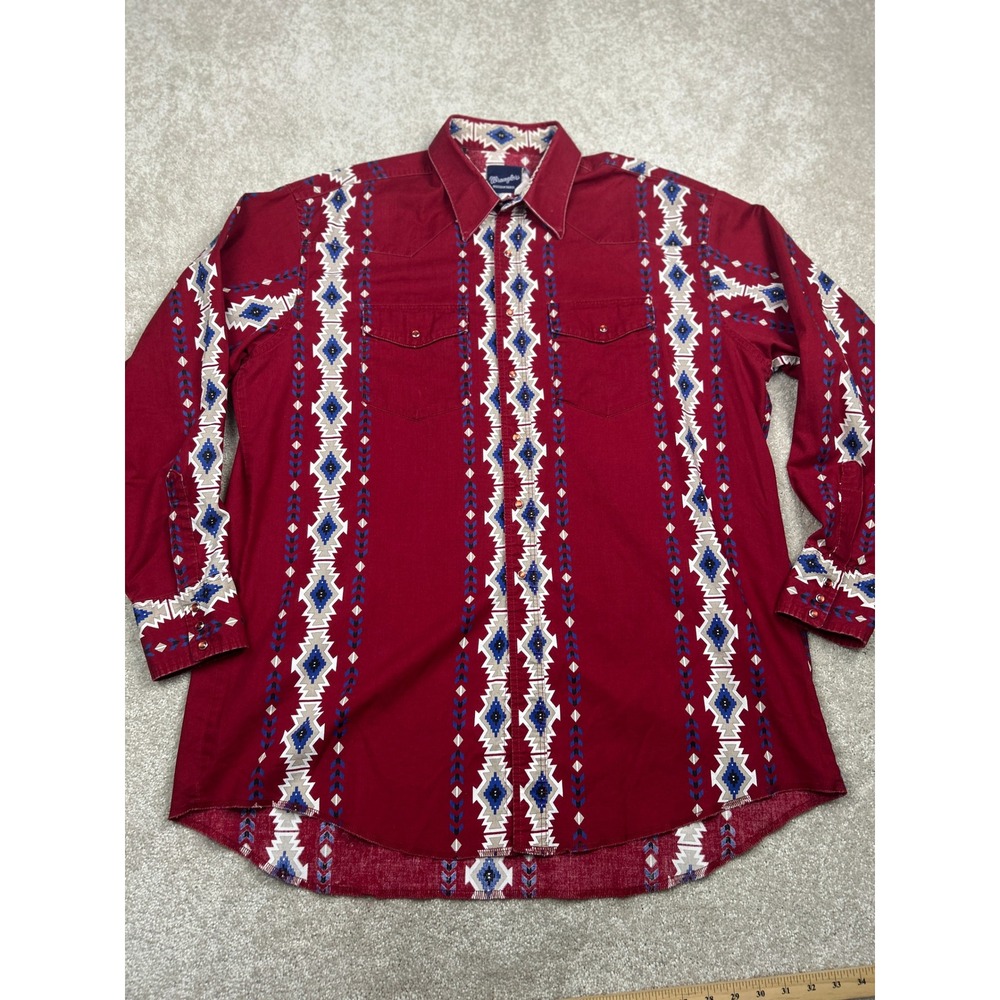 Wrangler Western Shirt XL Red Southwestern Pearl Snap Cowboy Geometric USA VTG
